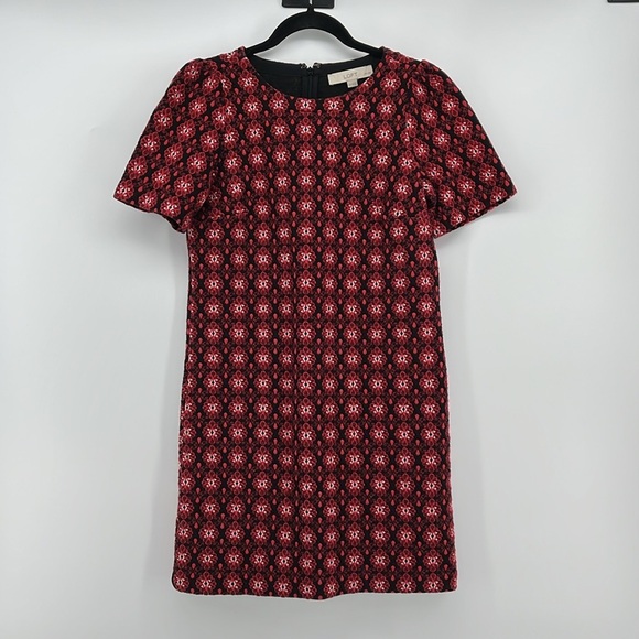 LOFT Scroll Floral Jacquard Short Sleeve Shift Mini Dress Red/Black Petite XS - Picture 2 of 8